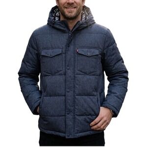 Levis Mens Hooded Puffer Jacket Blue Denim Look Quilted Insulated Coat Medium